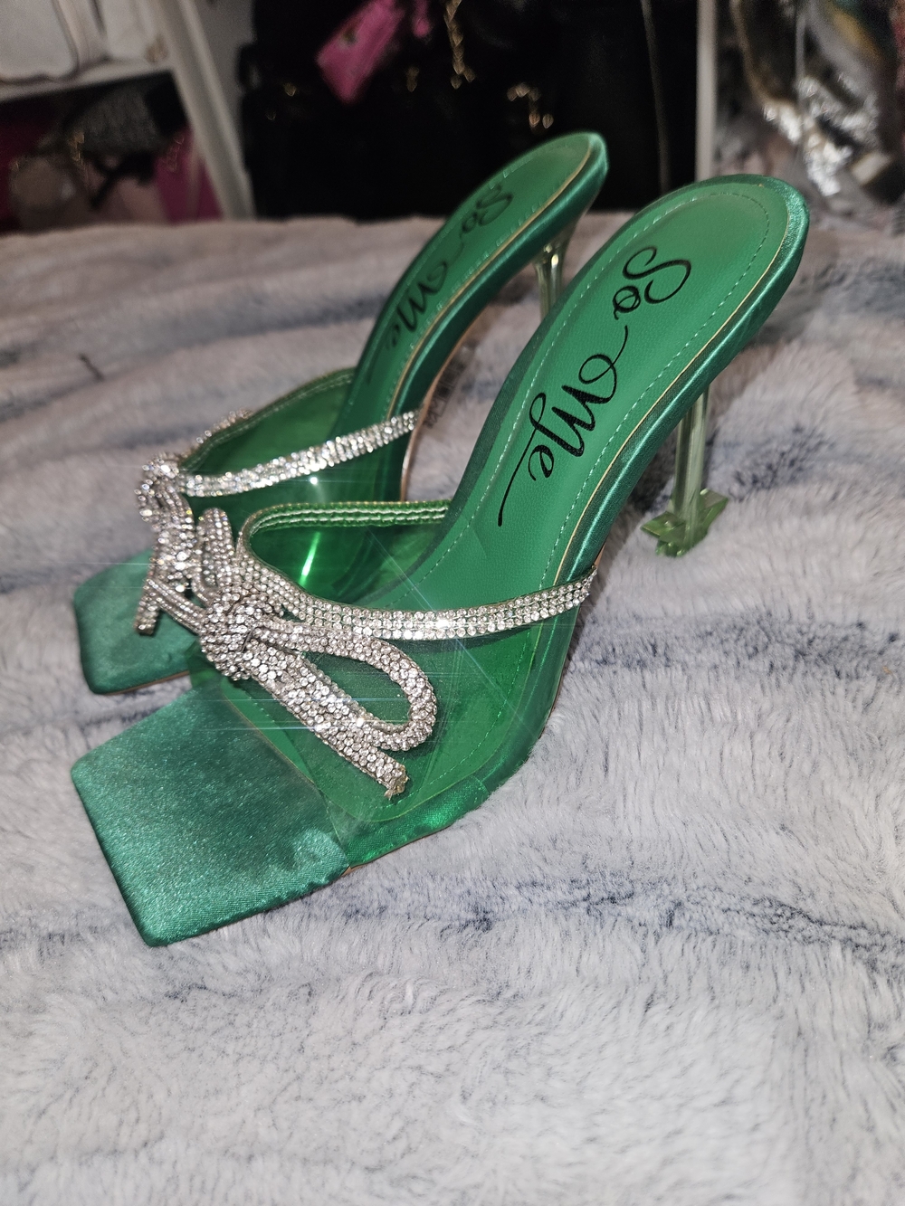 Forever 21 Green Satin Heeled Slides with Crystal Bow